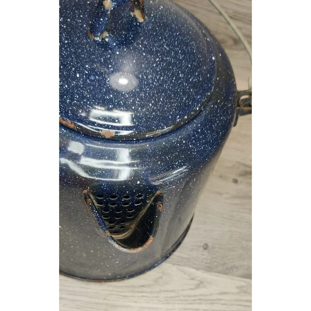 Large Vintage Enamelware Dark Blue-White Speckled Cowboy Coffee Kettle Pot